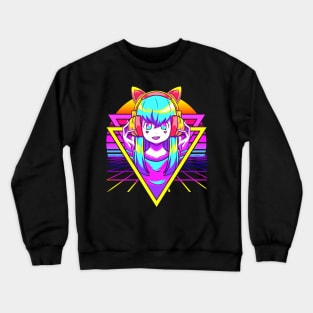 Vaporwave Anime Girl Otaku Sunset Geometric Grid Crewneck Sweatshirt